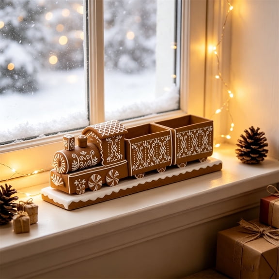Christmas Gingerbread Train Tabletop Ornament,Resin 7.9 Inch Brown White Icing Christmas Home Decoration Storage Decor for Home Table Mantel Shelf Tray