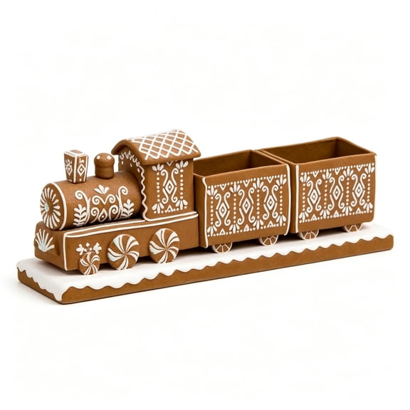 Christmas Gingerbread Train Tabletop Ornament Storage Decor Icing Detail Design and Open Compartment Storage for Fireplace Mantel Dining Table and Entryway Counter