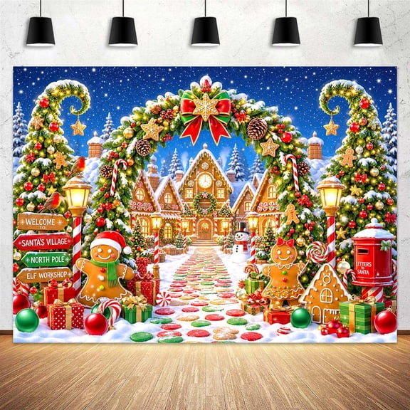 Christmas Gingerbread Village Backdrop Winter Arch Holiday Banner Xmas Tree Arch Candy Cane House Background Family Kids New Years Holiday Party Decorations, Photo Props, 5x3ft