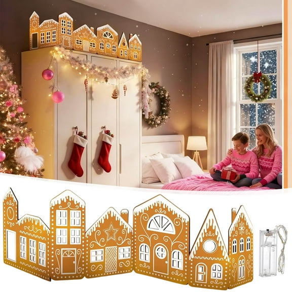 Christmas Gingerbread Village Light-Up Decor, 2026 New DIY Cardboard Holiday Houses with LED String Light, Battery Operated Pre-lit Miniature Town, Winter Tabletop Centerpiece for Mantle Xmas
