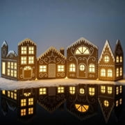 Christmas Gingerbread Village Light-Up Decor, DIY Cardboard Holiday Houses Set of 2 with LED String Light, Battery Operated Pre-lit Miniature Town, Winter Tabletop Centerpiece for Mantle Xmas1set