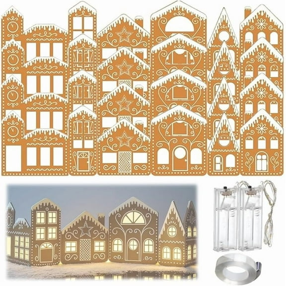 Christmas Gingerbread Village Magic Light-Up Decor, Foldable House Village Centerpieces Xmas Decorations for Farmhouse Rustic Table Gift - 2 Gingerbread House Cardboards,1 String Ligh