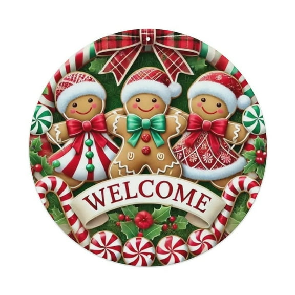 Christmas Gingerbread Welcome Round Tin Sign Vintage Metal Sign Office Living Room Bar Coffee Wall Art Decor 8x8inch