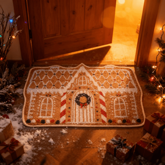Christmas Gingerbread Welcome Rug – Holiday-Themed Mat, Moisture Absorbent, Dirt-Catching Natural Fibers, Ideal for Porches and Indoor/Outdoor Use