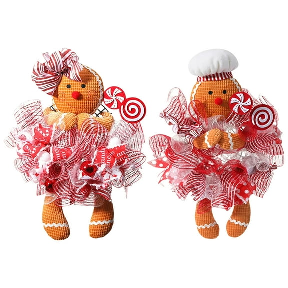Christmas Gingerbread Wreath, 22 Inch Gingerbread Door Wreath with Lollipop Hanging Wreath for Christmas Home Door Wall Window Decor (2PCS)