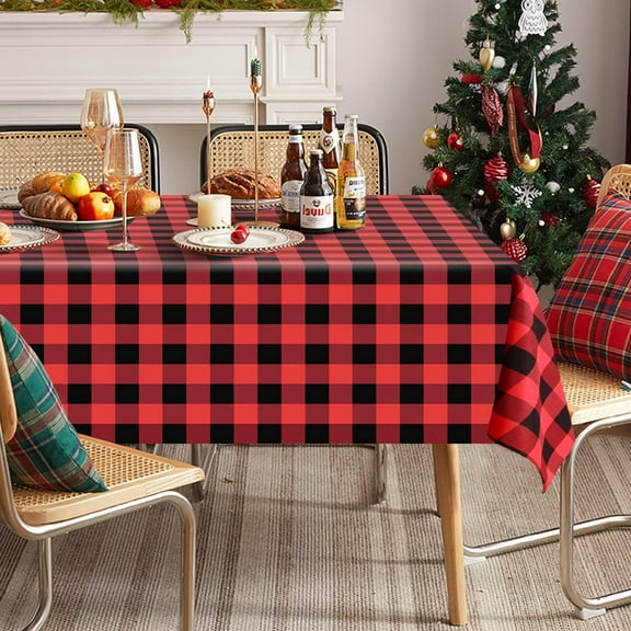 Christmas Gingham Checkered Rectangle Tablecloth - Buffalo Plaid Farmhouse Table Cloth Waterproof Stain Resistant Table Cover for Kitchen/Party/Holiday - Black and Red, 60 x 102 Inch