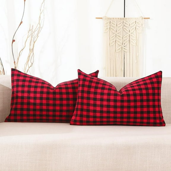 Christmas Gingham Plaid Lumbar Pillow Covers - 12x20 Set of 2, Red Black Winter Holiday Buffalo Plaid Decor