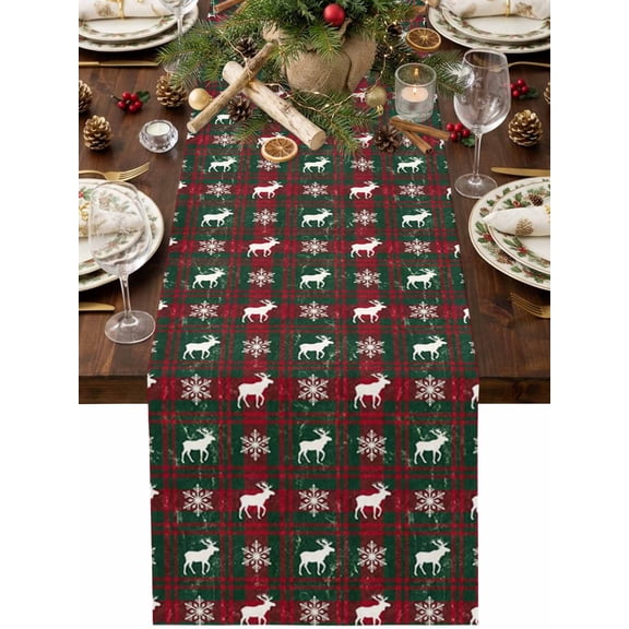 Christmas Gingham Table Runner 48 Inches Long, Winter Country Deer Snowflake Red Green Plaid Cotton Linen Dining Table Runner Dresser Scarves for Home Kitchen Party Decor 13"x48"