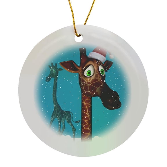 3drose, Christmas Giraffe in Snow, Circle Porcelain Ornament