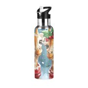 Christmas Giraffes Watercolor Sports Bottle with Straw Stainless Steel Water Jug Portable Thermal Cup Leak-proof 600ML