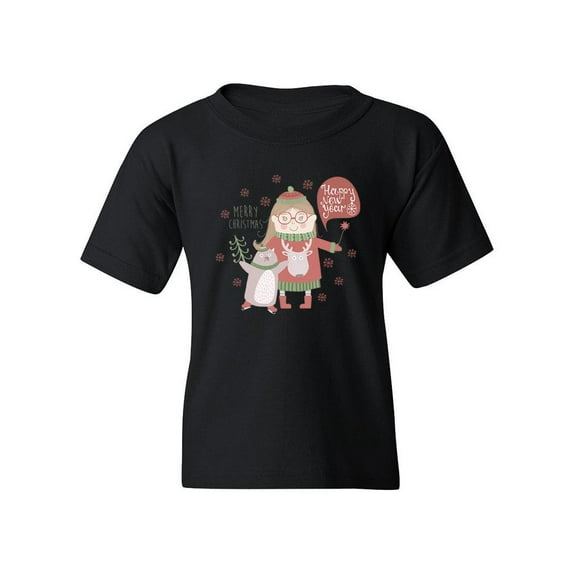 Christmas Girl And Penguin T-Shirt Juniors -Image by Shutterstock, Small
