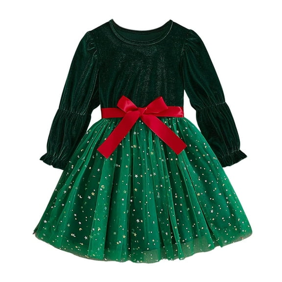 Christmas Girls Dresses Toddler Children Girls Christmas Long Sleeve Prints Bowknot Dresses Clothes Christmas Children's Clothing Holiday Gifts 3 Years-4 Years