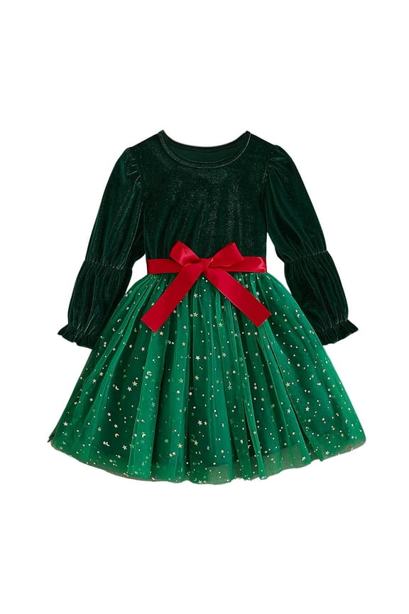 Christmas Girls Dresses Toddler Children Girls Christmas Long Sleeve Prints Bowknot Dresses Clothes Christmas Children's Clothing Holiday Gifts 3 Years-4 Years