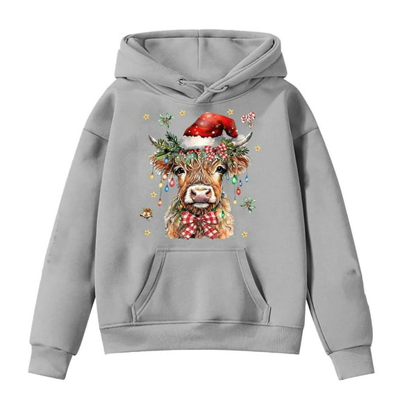 Christmas Girls Hoodies Sweatshirts Christmas Cute Bow Cow Kids Western Pullover Hoodie Christmas Children's Clothing Holiday Gifts 11 Years-12 Years