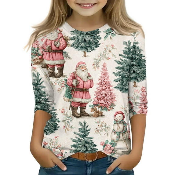 Christmas Girls Tops 3/4 Sleeves Crew Neck Top Santa Claus Print Comfortable Pullover Casual Loose Fit Holiday Shirt for Kids Youth