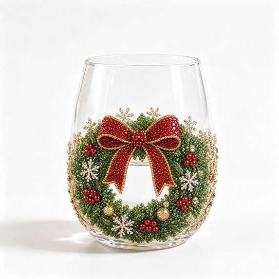 Christmas Glass Art Cup, Decor Drinking Glass Cup, Stemless Wine Glasses Holiday Glassware for Coffee, Tea, Juice, Milk, Xmas Party Home Festive Decor Gifts (Wreath)