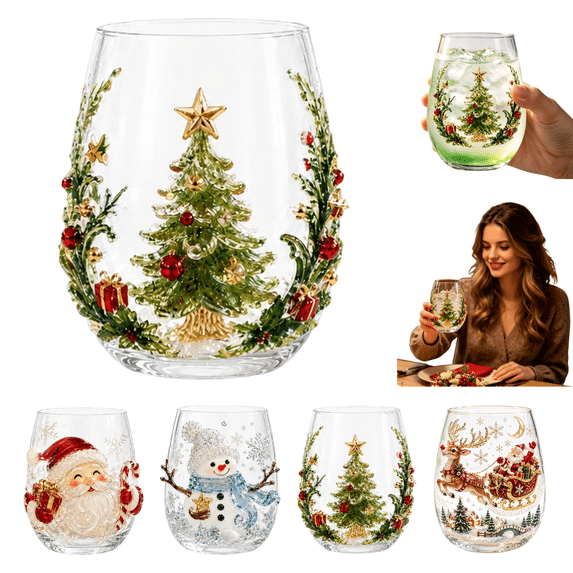 Christmas Glass Art Cup, Raised Holiday Glassware for Christmas Drinks with Santa Snowman Reindeer Design, Stemless Wine Glass for Coffee Tea Juice, Xmas Party Home Festive Decor Gift(Christmas Tree)