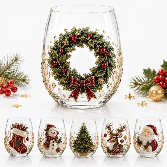 Christmas Glass Art Cup, Raised Holiday Glassware for Christmas Drinks with Santa Snowman Reindeer Design, Stemless Wine Glass for Coffee Tea Juice, Xmas Party Home Festive Decor Gift (Tree)