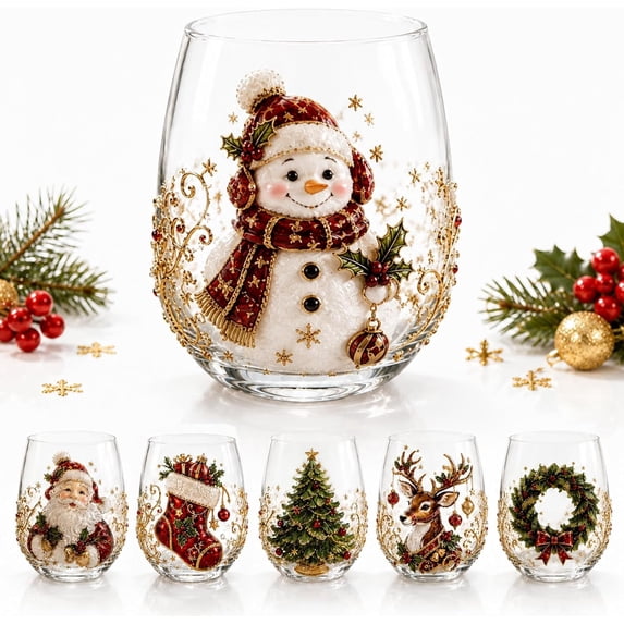 Christmas Glass Art Cup, Raised Holiday Glassware for Christmas Drinks with Santa Snowman Reindeer Design, Stemless Wine Glass for Coffee Tea Juice, Xmas Party Home Festive Decor Gift (Stocking)