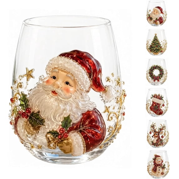 Christmas Glass Art Cup, Raised Holiday Glassware for Christmas Drinks with Santa Snowman Reindeer Design, Stemless Wine Glass for Coffee Tea Juice, Xmas Party Home Festive Decor Gift (Wreath)