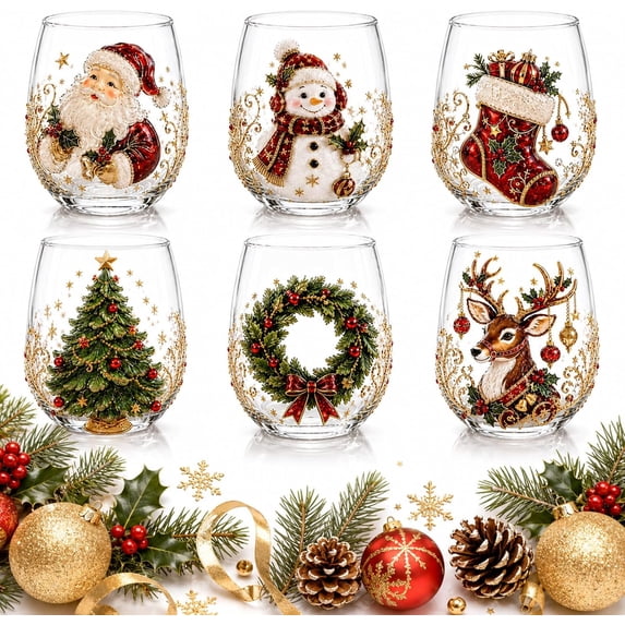 Christmas Glass Art Cup,Raised Holiday Glassware for Decor Gift with Festive Christmas Patterns,Clear Glass Cup for Coffee Tea Wine Cocktails,Holiday Party Glassware and Seasonal Keepsake (ALL-6PCS)