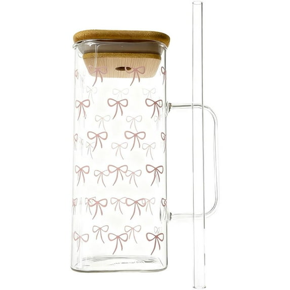 Christmas Glass Cups,13oz Iced Coffee Cups with Lids and Straws,Bow Glass Cup,Cute Tumbler Smoothie Cup,Cute Drinking Can Jar,Tumbler,Birthday Gifts for Women,Teen Girl Stuff