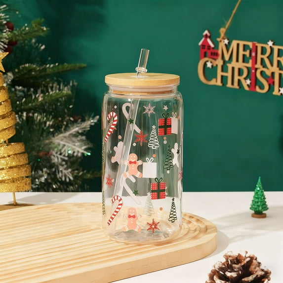Christmas Glass Cups 16oz Iced Coffee Cups With Lids And Drinking Glasses Cups Glass Water Bottles For Kids Cute Drinking Can Jar Tumbler Beer Can Gif