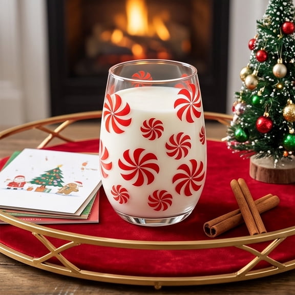 Christmas Glass Cups, Peppermint Candy Cane Pattern Drinking Tumbler, Clear Glass Cup for Xmas Holiday Table Setting, Christmas Glassware for Home Party, Clear