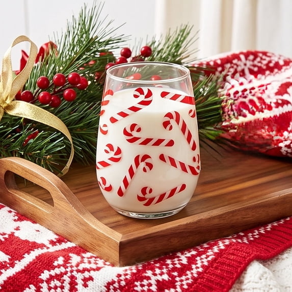 Christmas Glass Cups, Peppermint Candy Cane Pattern Drinking Tumbler, Clear Glass Cup for Xmas Holiday Table Setting, Christmas Glassware for Home Party, Red