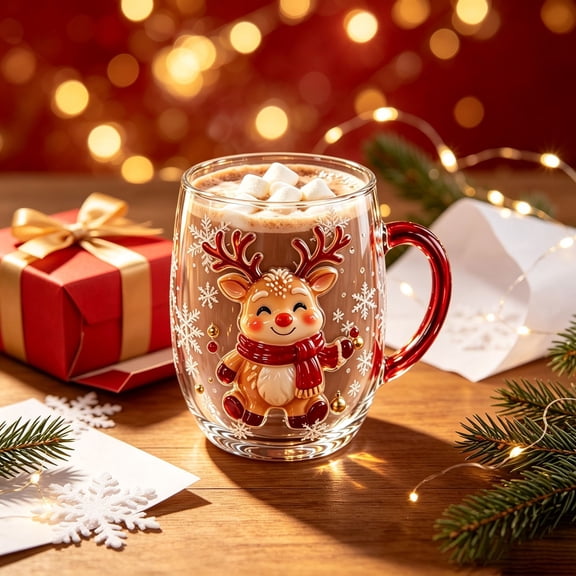 Christmas Glass Mug Festive Transparent Holiday Drinking Cup with Red Handle Winter Hot Cocoa Coffee Cup for Xmas Home Party Gift Deer