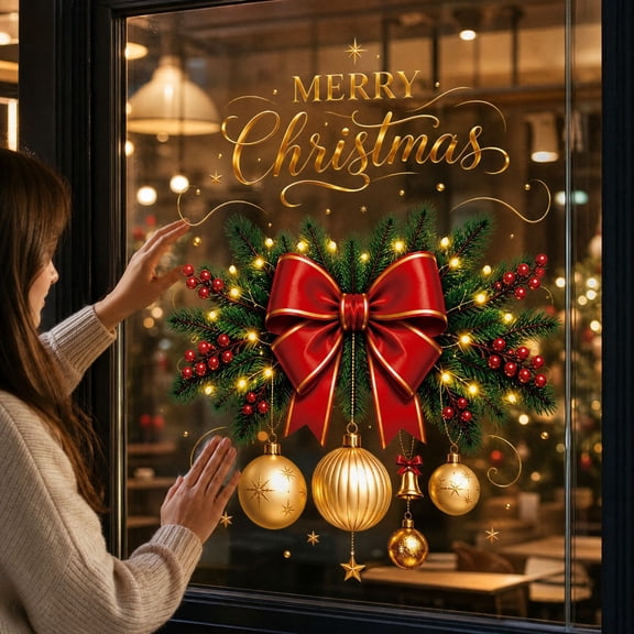Christmas Glass Stickers for Windows, Reusable PVC Holiday Window Decals with Red Bow & Gold Ornaments, Easy Apply Removable Festive Decor for Home Storefront Mirror Office (1 Pack)