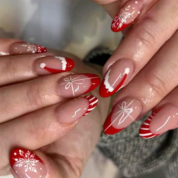 Christmas Glitter 24Pcs Snowflake French Tips Red White Stripes Art Longwear For Holiday Gatherings