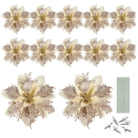 PartyKindom 12Pcs Lightweight Glitter Christmas Flower Ornaments Perfect for Holiday Decor