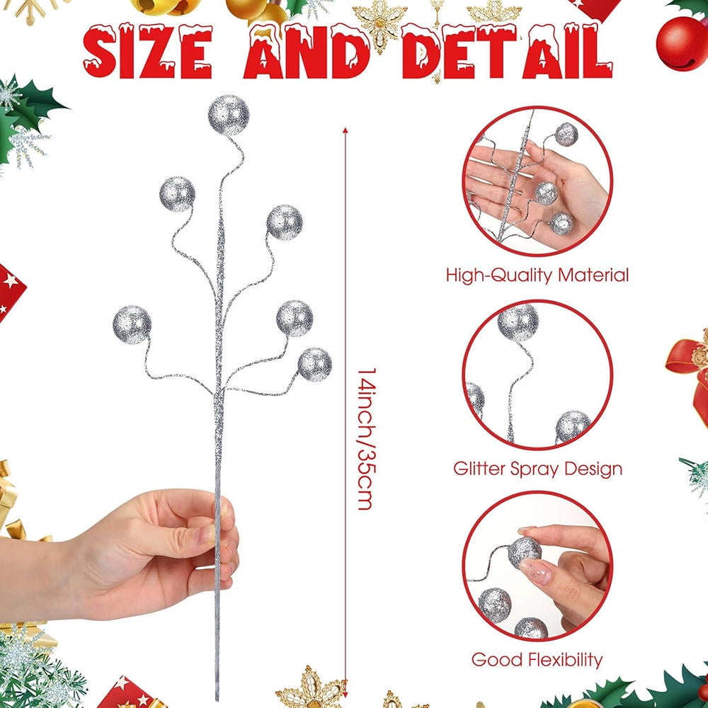Christmas Glitter Ball Picks 14 Inch Artificial Curly Spray Ball Sticks