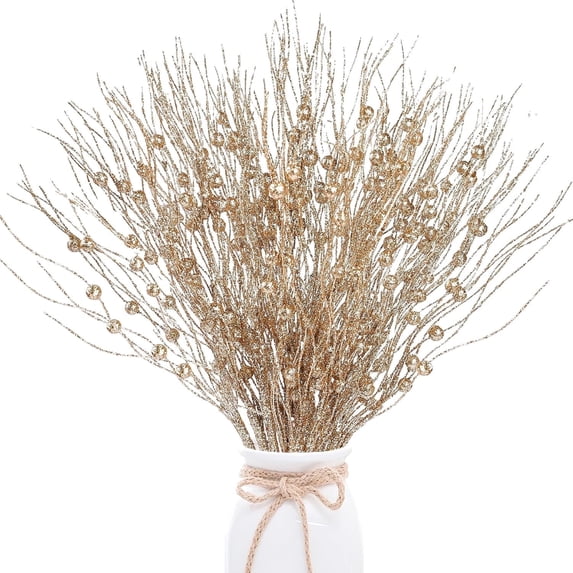 Christmas Glitter Berries Stems, Decorative Bead Sticks, Glittery Twigs, Picks, Branches Artificial Christmas Ornaments Picks for Christmas Tree Holiday Wedding Party Vase,12 Pcs,17 inches,Gold