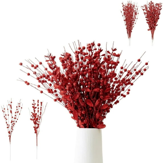 Christmas Glitter Berry Picks,QZS Fake Berry Branch Picks,2 Styles Christmas Tree Ornaments,DIY Crafts Decorations for Indoor,Outdoor,Red