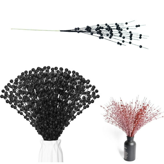Christmas Glitter Berry Stems, Gold Artificial Berries for Tree Ornaments, DIY Wreaths, Holiday Centerpieces, Wedding and Home Decoration Black