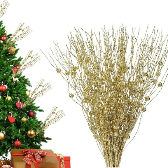 Christmas Glitter Curly Picks Berry Stems Christmas Berry Picks Sprays Glittered Twigs 17" Golden Fake Christmas Picks for Christmas Tree Topper Wreath Garland Decoration Floral Arrangement,12 Pcs