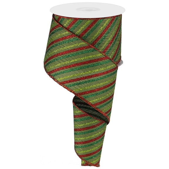 Christmas Glitter Diagonal Stripe Canvas Wired Edge Ribbon - 10 Yards (Red, Green, Emerald, 2.5")