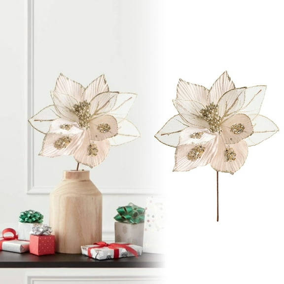 Christmas Glitter Flower Ornament – 25cm Champagne Hanging Flower for Tree, Party & Xmas Decor | Perfect for Wreaths, Garlands & Holiday Decorations