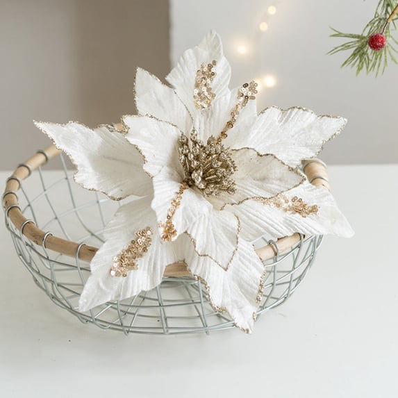 Christmas Glitter Flowers, 10'' Christmas Glitter Magnolia Flower for Tree Christmas, Poinsettia Magnolia Flower Easy to Hang Christmas Artificial Flowers for Christmas Picks