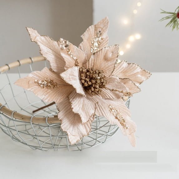 Christmas Glitter Flowers, 10'' Christmas Glitter Magnolia Flower for Tree Christmas, Poinsettia Magnolia Flower Easy to Hang Christmas Artificial Flowers for Christmas Picks