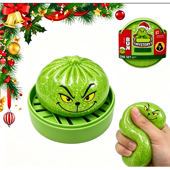 Christmas Glitter Green Monster Dumpling Squishy Toy, Cute Dumpling Squeeze Fidget Toy with Gift Box, Holiday Stress Relief Toy, Stocking Stuffer & Party Favor for Kids