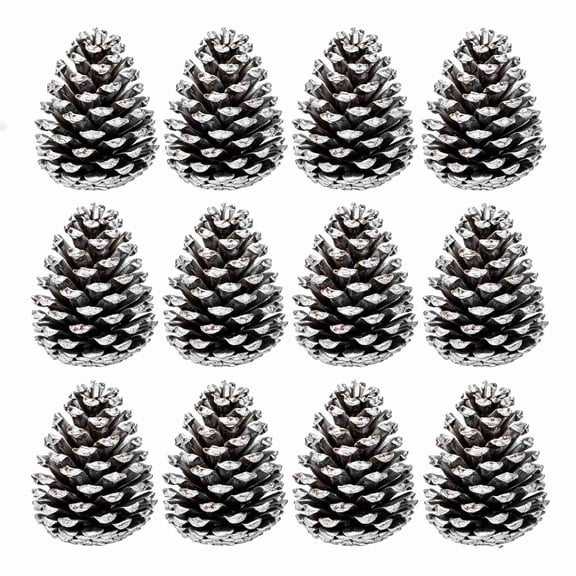 Christmas Glitter Pinecone Ornaments 12 Pack, 4in Silver Sparkly Natural Pine Cones Hanging Decor, Festive Pine Cones Baubles for Xmas Tree, Table Centerpiece, Winter Party Decor Supplies