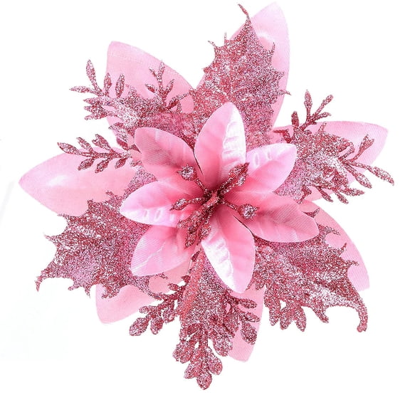 Christmas Glitter Poinsettia Artificial Flowers,12 Pack Christmas Tree Ornaments for Wreaths Garland Holiday Party, Xmas Decoration (Pink)