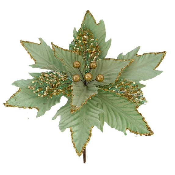 Christmas Glitter Poinsettia Decorations, Artificial Flower with Stems Xmas Tree Picks Ornaments for Xmas Tree Wreath Wedding Party DIY Decor (Light Green)