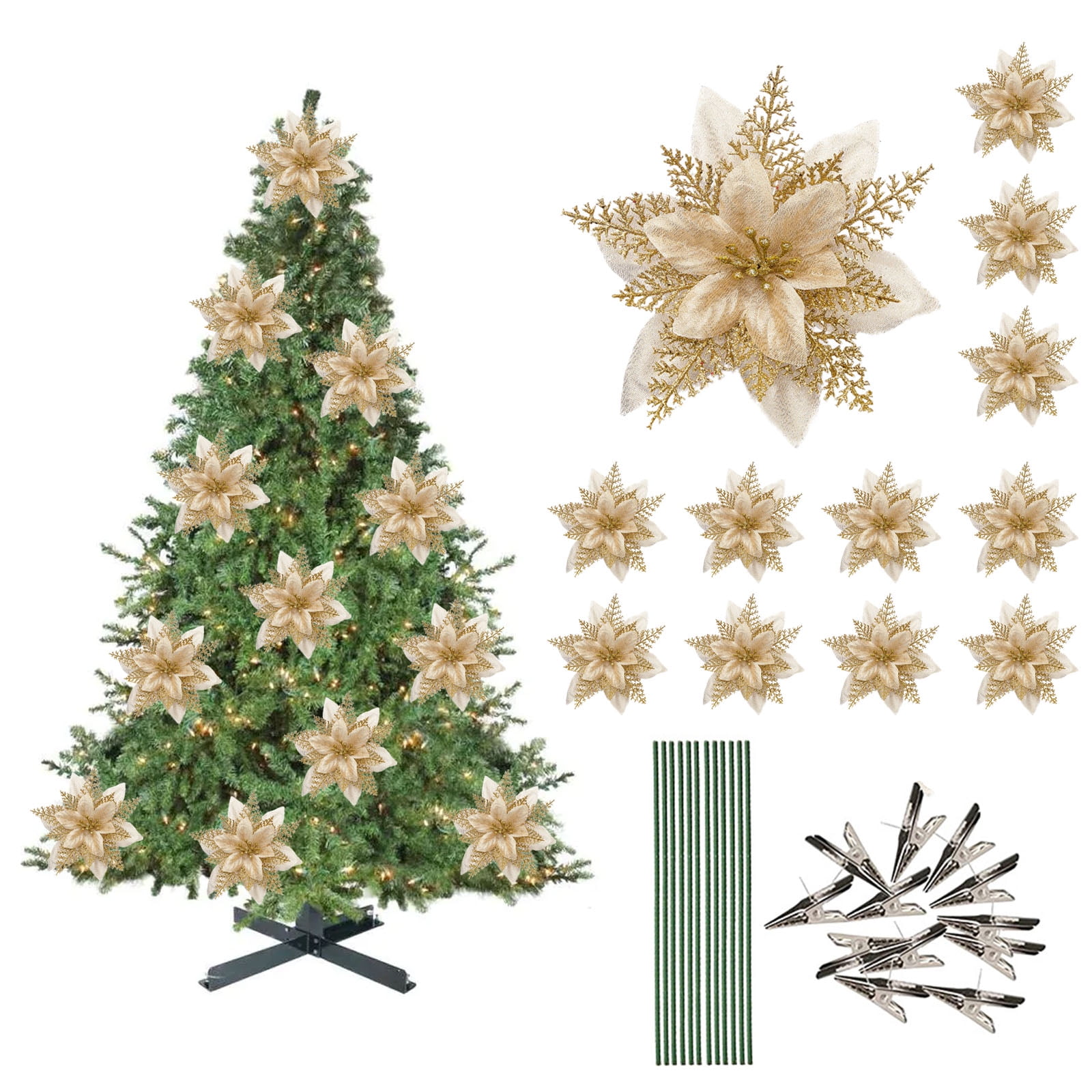 Christmas Glitter Poinsettia Flowers Set With Clips And Stems,12Pcs DIY ...