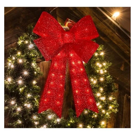 Christmas Glitter Red Bow, 24 Inch Lighted Bow for Christmas Tree, Wreath & Indoor Outdoor Holiday Decorations - 40 LED
