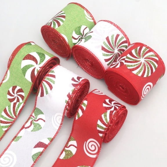 Christmas Glitter Ribbon With Peppermint Candy Pattern, Wired Edge for Bow and Wreath Making, Oxford Cloth, 2-Inch Wide, Single Roll