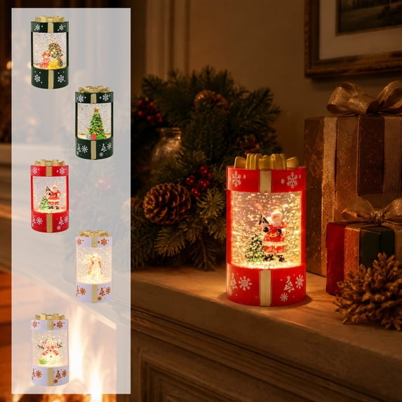 Christmas Glitter Water Lantern, 4.53 in White Plastic Tabletop Light with Snowman Scene, 3 Button Battery Operation
